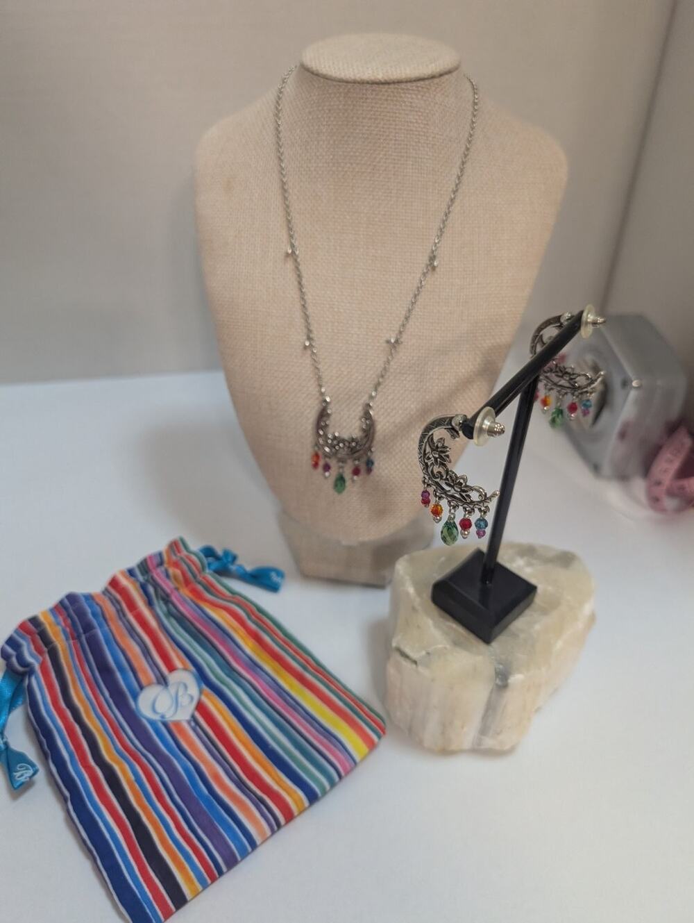 Brighton Inspired Silver Tone Crescent Moon Dangle Multicolored Lotus Chakra Set